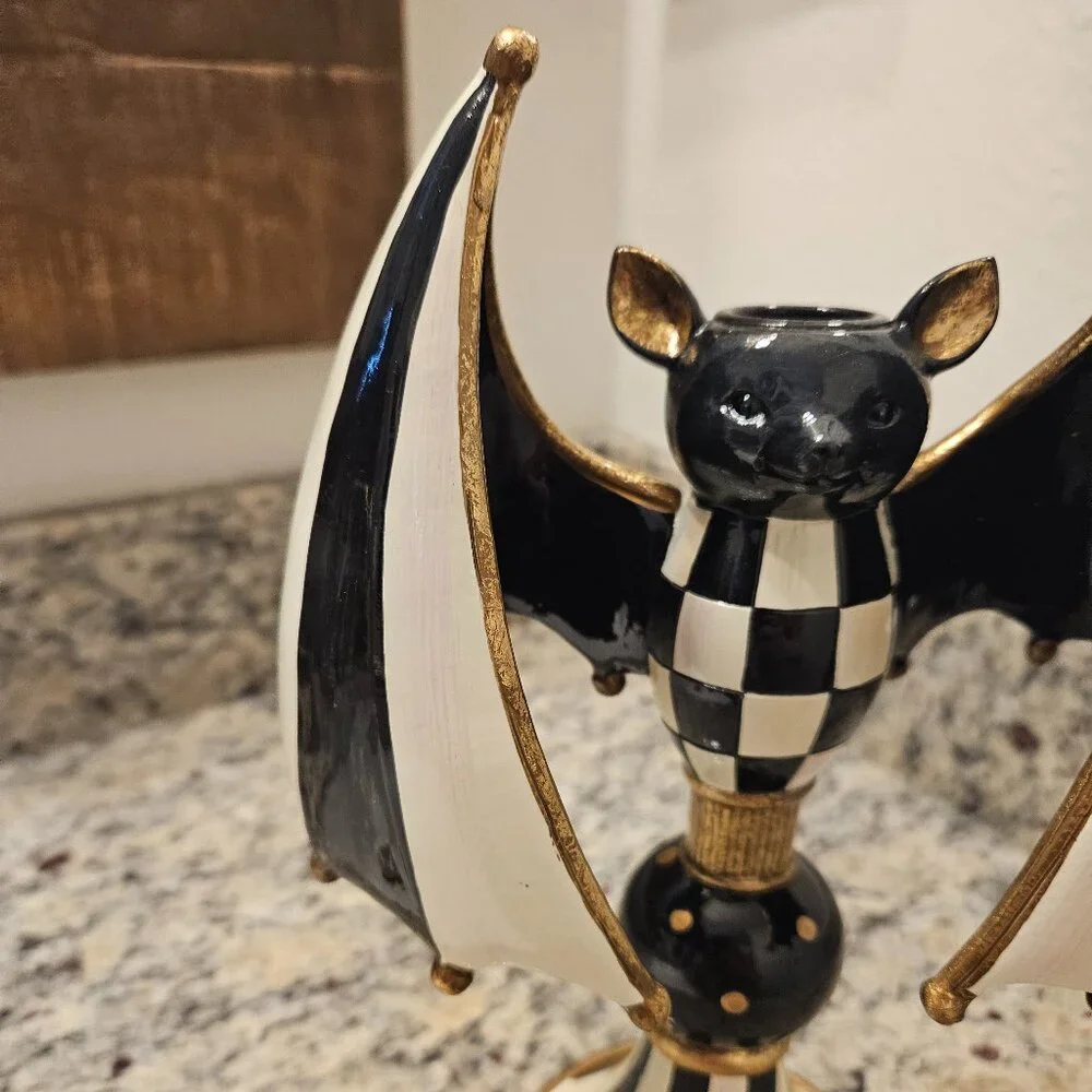 RARE MACKENZIE CHILDS HALLOWEEN BAT COURTLY CHECK FALL TAPER CANDLE HOLDER